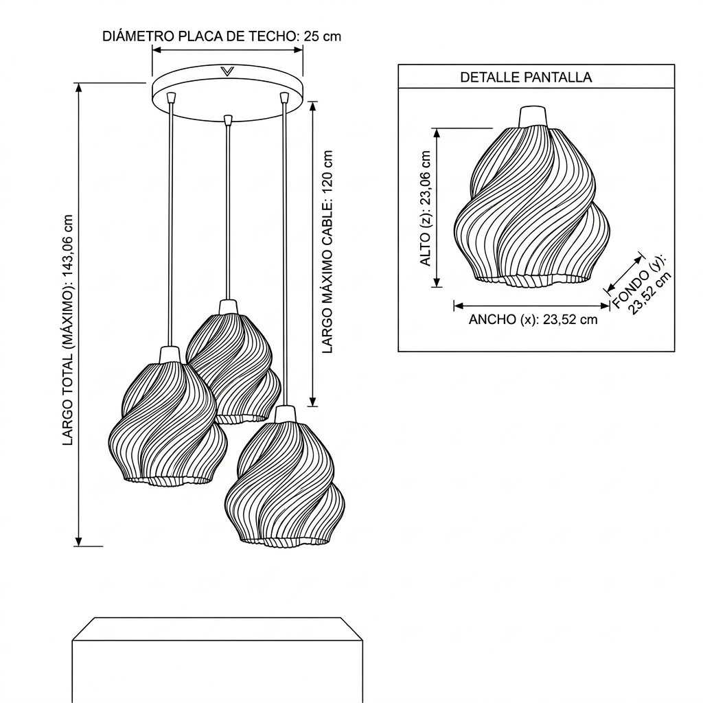 Shin Trio Lámpara de Techo — medidas y dimensiones