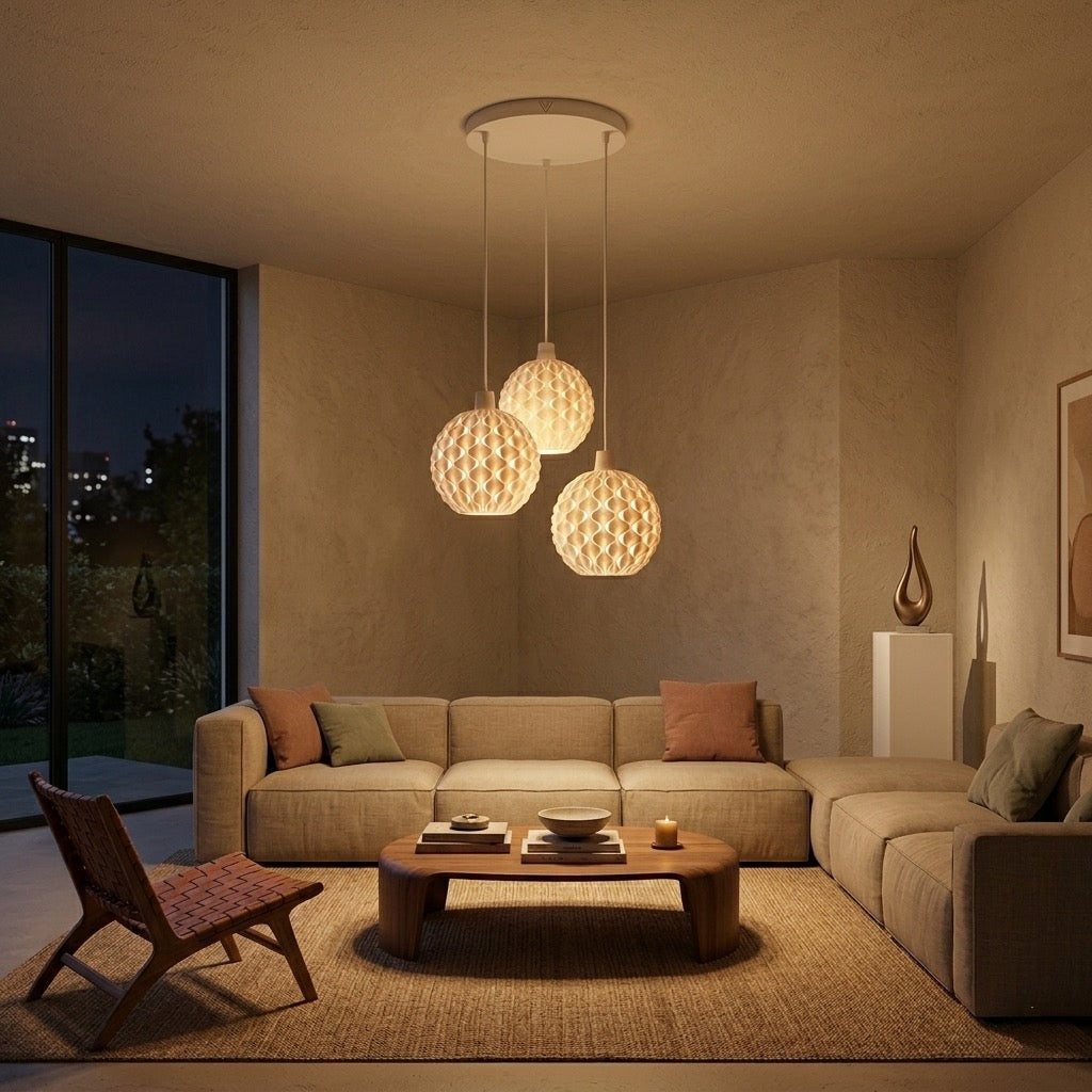 Maro Trio Lámpara de Techo — iluminada en un salón