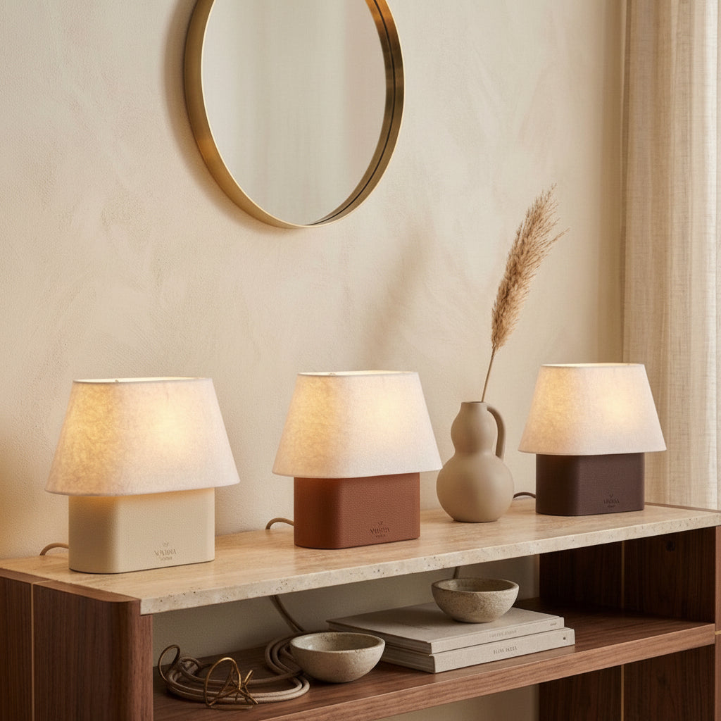 Lámpara de Mesa Hikari — iluminada en un salón