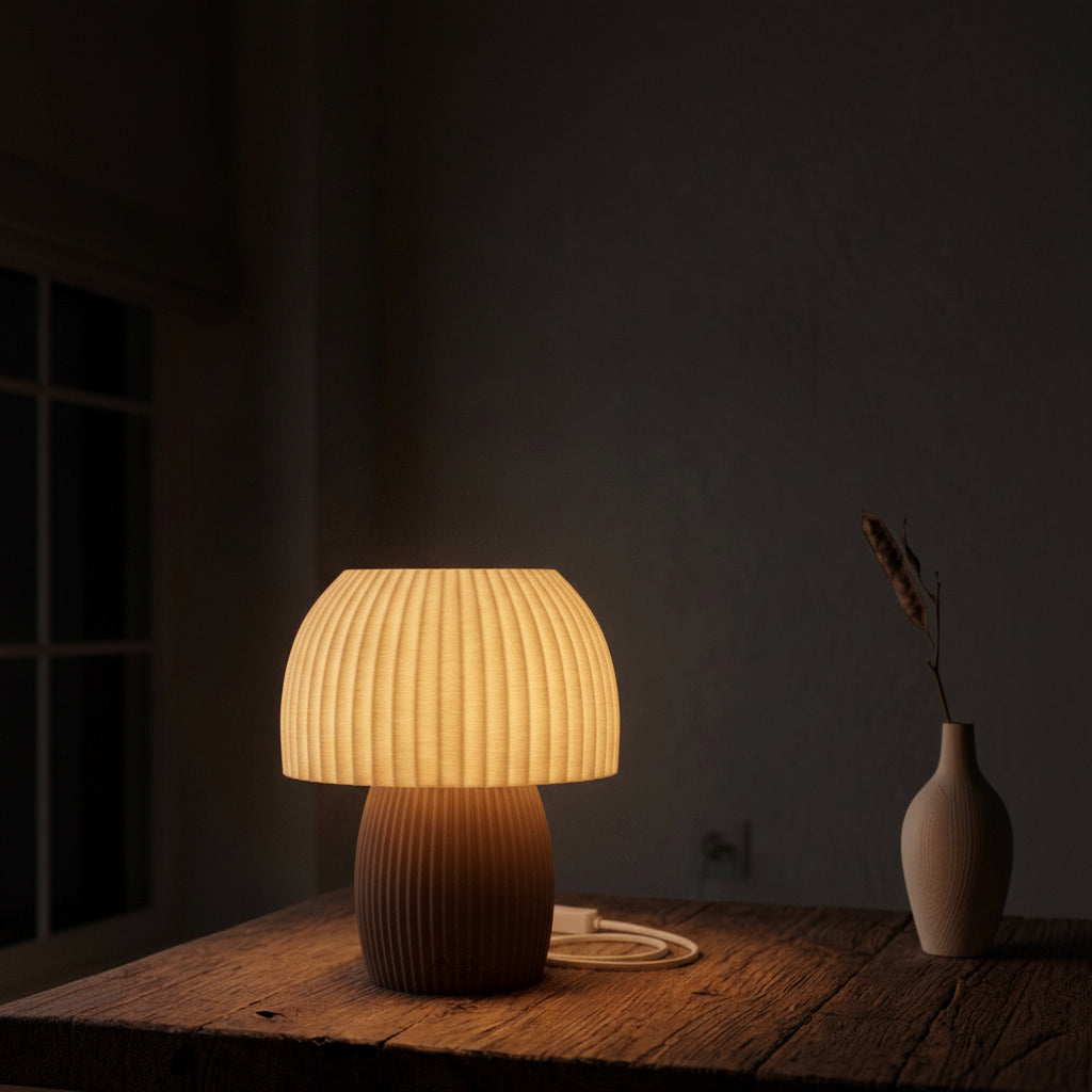 Lámpara de Mesa Rinkō — iluminada en un salón
