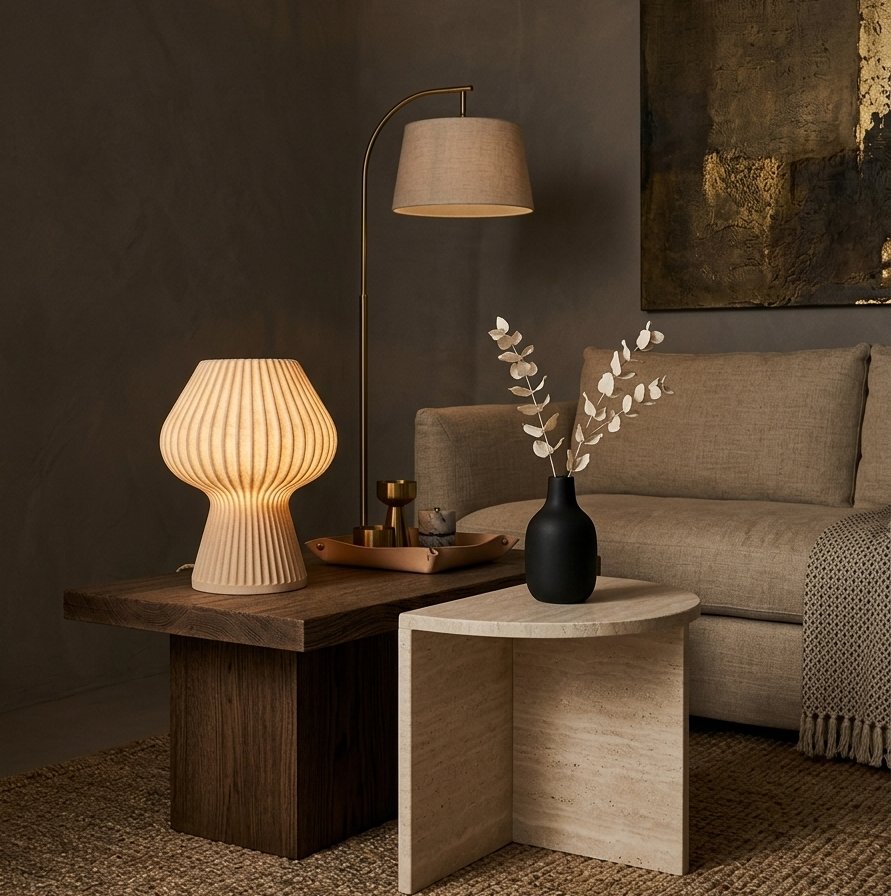 Lámpara de Mesa Satori — iluminada en un salón
