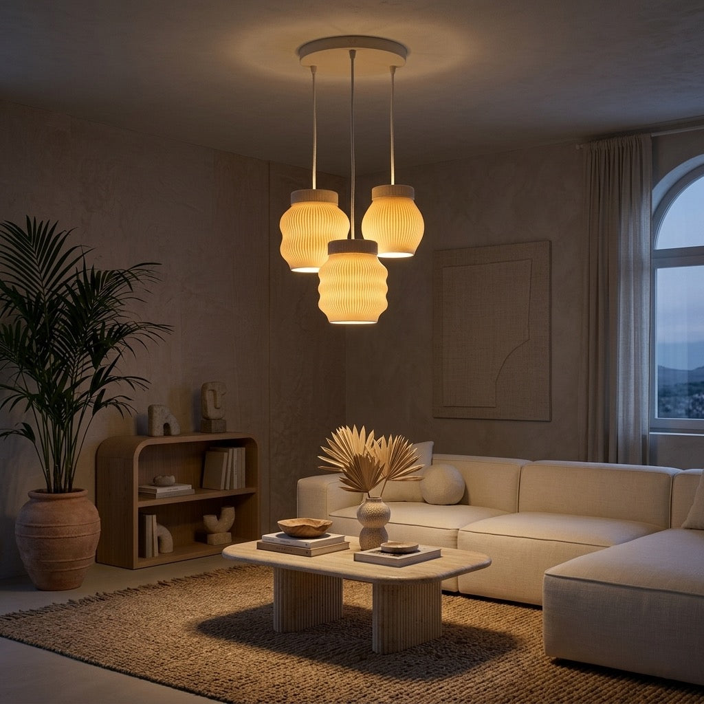 Tengai Trio Lámpara de Techo — iluminada en un salón