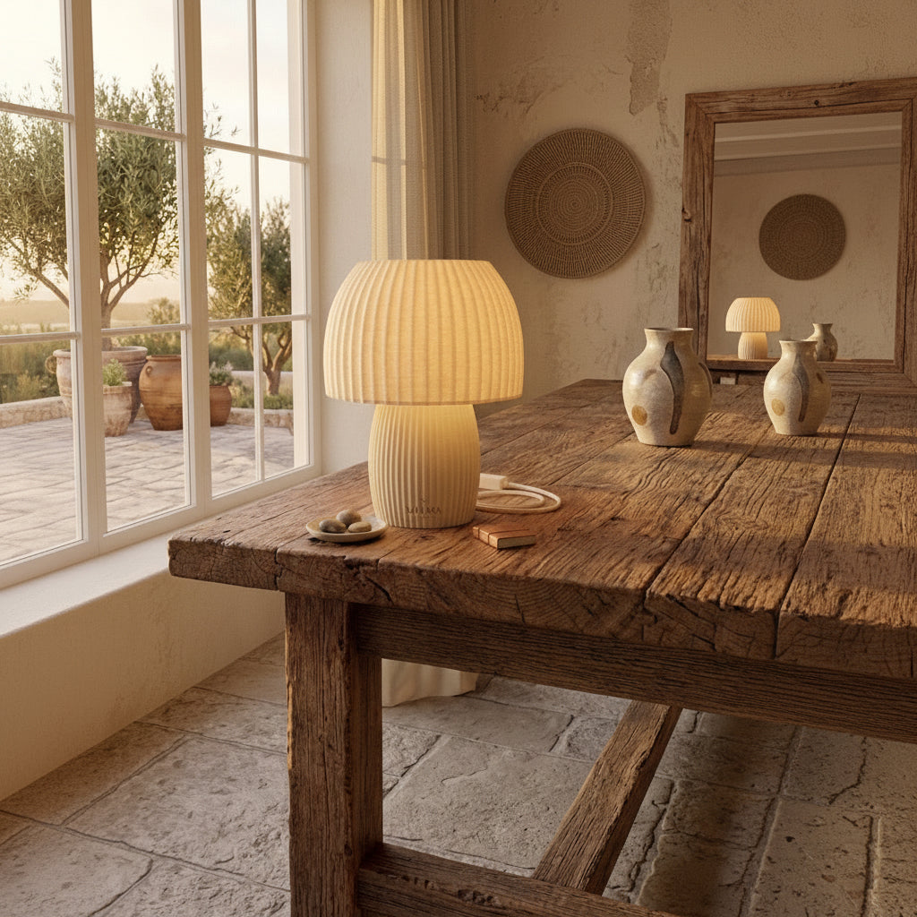 Lámpara de Mesa Rinkō — iluminada en un salón